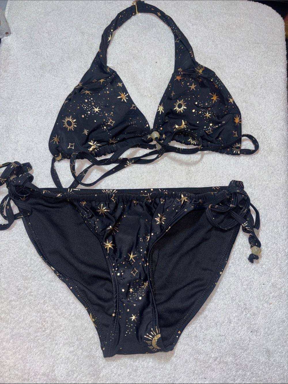 No Boundaries Black and Gold Celestial Halter Bikini